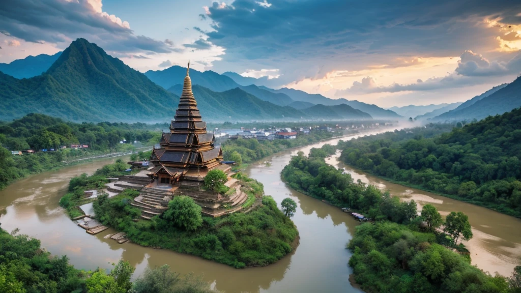 Natural beauty, Ancient village of Thailand. river, mountain. cloud, Temple. Aerial view,mystical beauty, 8k