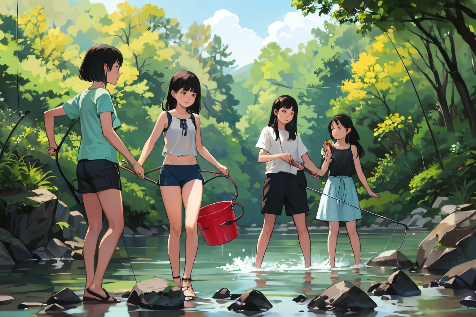 masterpiece, Highest quality,plural, Three Girls, In a beautiful river、fishing、(Holding a fishing rod:1.4)、Fishing with a net、(Holding a bucket)、Water Play、Sandals, Black Hair, short hair、Long Hair, Hair ties, hair band, hair ornaments, Swimwear、Shorts, skirt、dappled daylight、Outdoor, nature, rock, Grassland、
