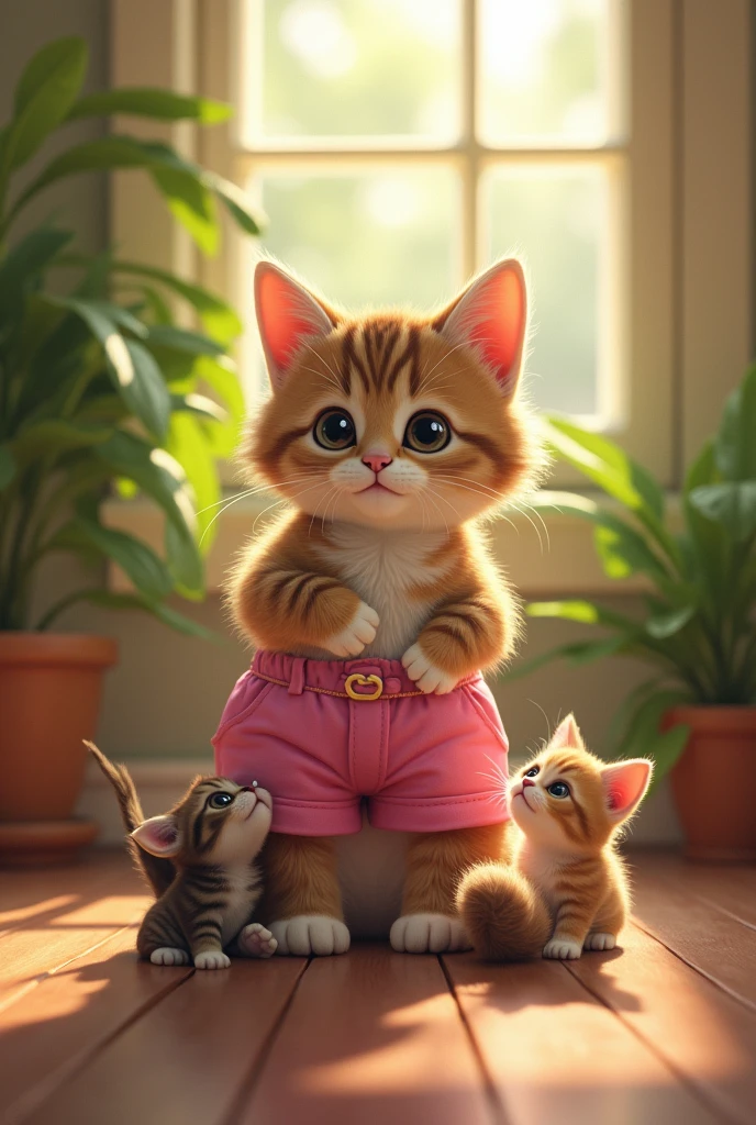 A beautiful cat, wearing pink shorts, playing with her children 