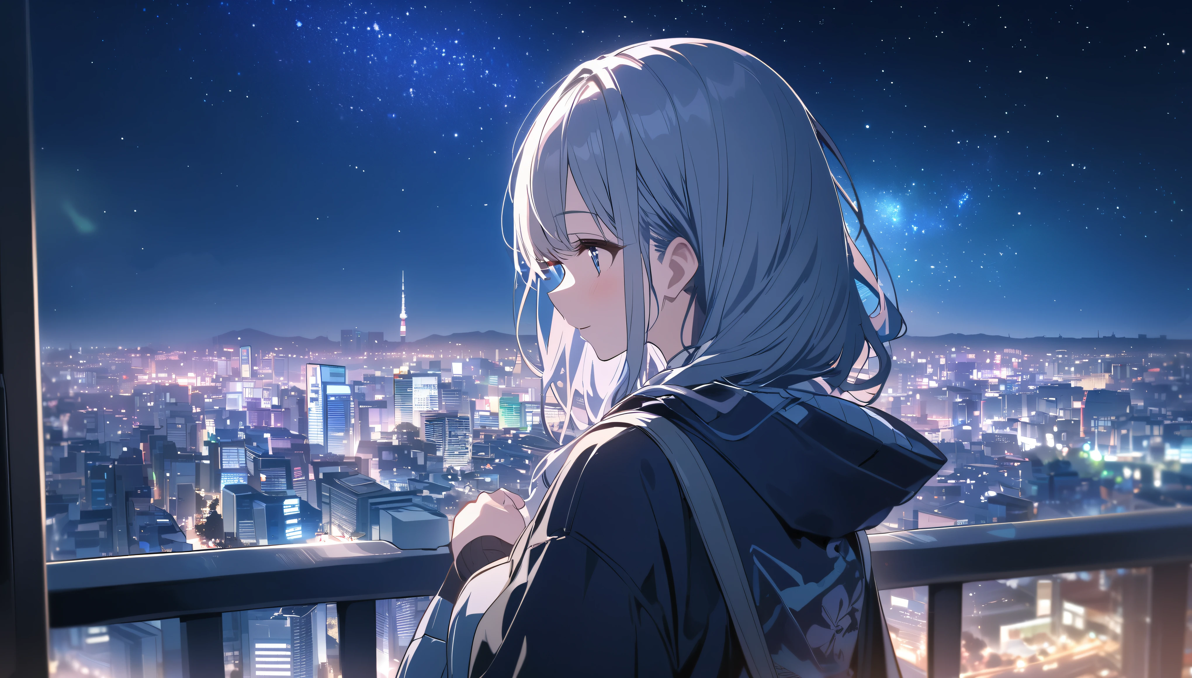 A woman looking at the city of Tokyo,Night starry sky,Streetscape、listen to music、Japanese