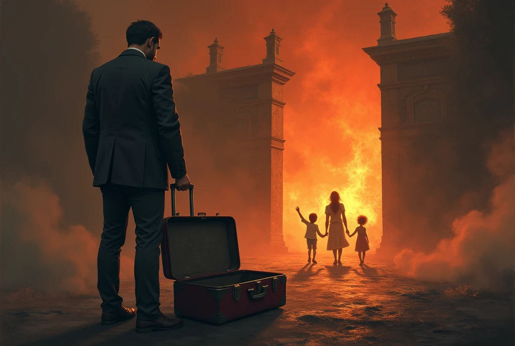 A father is busy, working with a suitcase, alone and unpreocupied, having turned his back. A mother and her Kids are playing far away, very close to the firey gates of hell.
