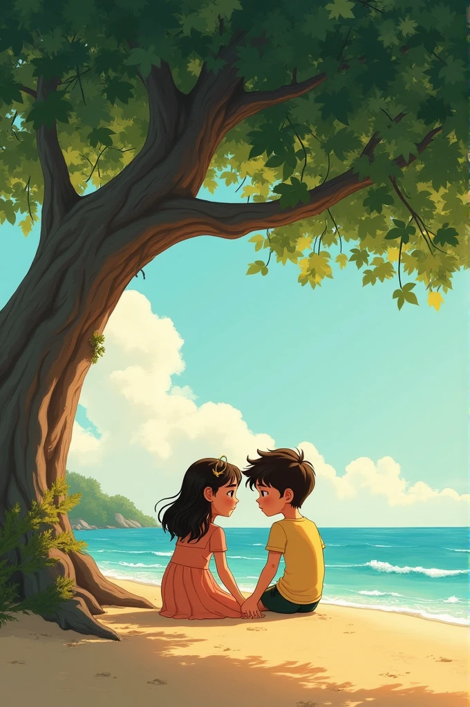 Boy and girl sitting under big tree, holding hands, on beach