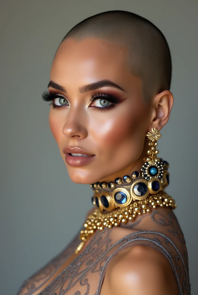 make a display of full body picture of a bald masculine Filipino gay queen. He is sophisticated and superb with an exaggerated and thick make up for pageant