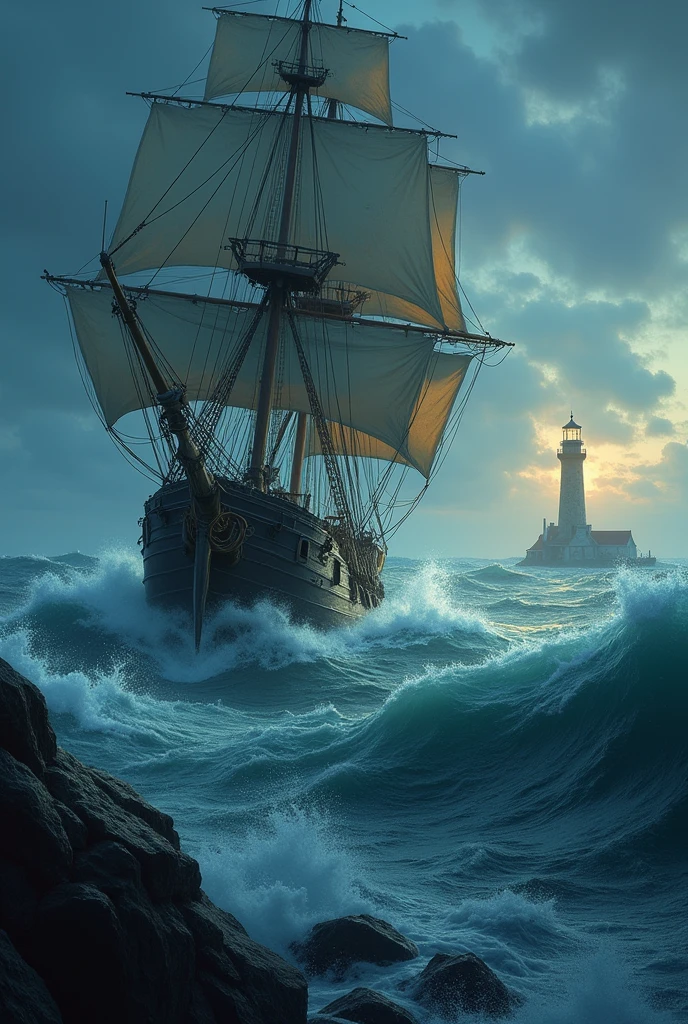 storm, the ship sails on the waves to the lighthouse, his windows are lit with a yellow light and in the distance a candle shows him the way like a lighthouse