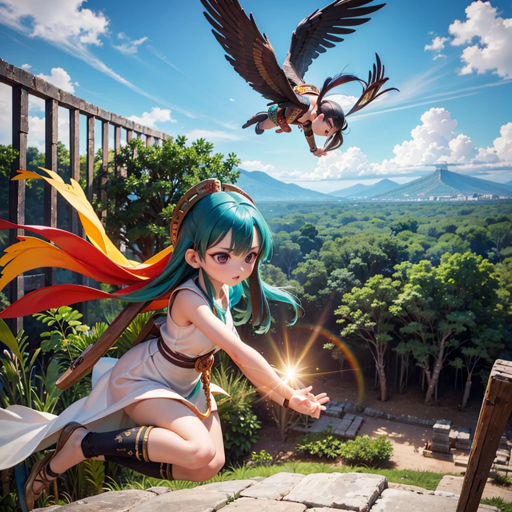 high quality、Very detailed、8age、Mayan Aztec8ageの1Priestess of the People、Flying Feathered Serpent(Quetzalcoatl Kukulkan)look up at the sky and pray、Chichen Itza Forest Temple of the Sun、mysterious、