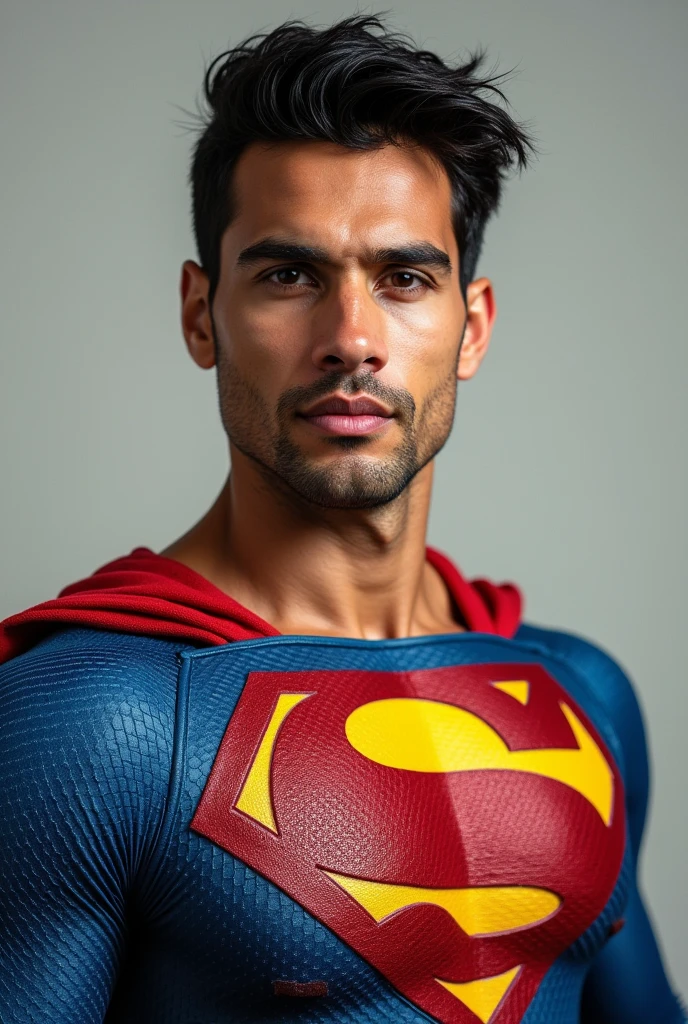 THE COMPLETE BODY OF A BRAZILIAN MAN,Round face white color, black hair  , Dressed as a SUPERHERO , with a close-up capturing the harmonious beauty , showing off your natural charm and outgoing personality.