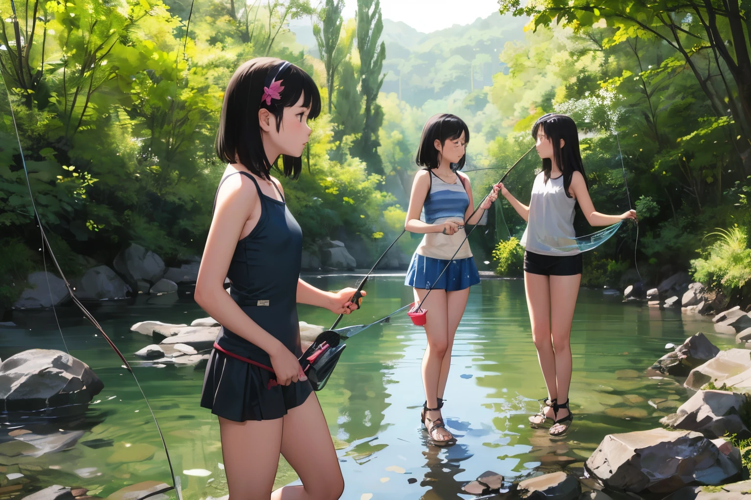 from below, dutch angle, (渓流でSisters fishing)、(Super detailed)、(Raw photo)、(masterpiece)、(8k)、(Highest quality)、(High resolution:1.3)、Ultra-Details、(Perfect Anatomy:1.3)、(Two beautiful girls)、Sisters fishing、Full body photo、18-year-old、(Beautiful Eyes)、Beautiful and well-proportioned face、Watching the audience、A confident smile、(Super hourglass body type:1.3)、(Super big breasts pointing upwards:1.3)、Narrow waist、(Wide super big ass)、Black Hair、bangs、(Standing in the river in a colorful swimsuit)、(Knee-deep in water)、(Both of them are fishing with precise grip on the fishing rod.:1.3)、Correct fingers、(Sexy and acrobatic fishing poses and movements)、[Open your legs and stick your buttocks out]、Movie Scenes、photo shoot、((Ultra-realistic))