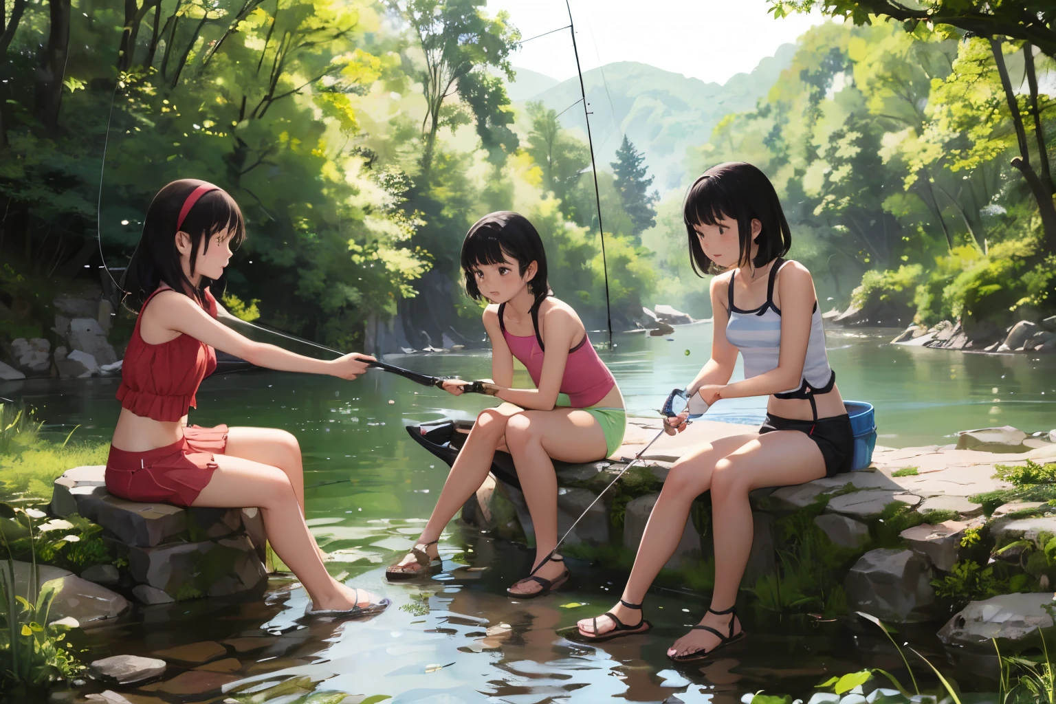 masterpiece, Highest quality,plural, Three Girls, In a beautiful river、fishing、(Holding a fishing rod:1.4)、Fishing with a net、(Holding a bucket)、Water Play、Sandals, Black Hair, short hair、Long Hair, Hair ties, hair band, hair ornaments, Swimwear、Shorts, skirt、dappled daylight、Outdoor, nature, rock, Grassland、