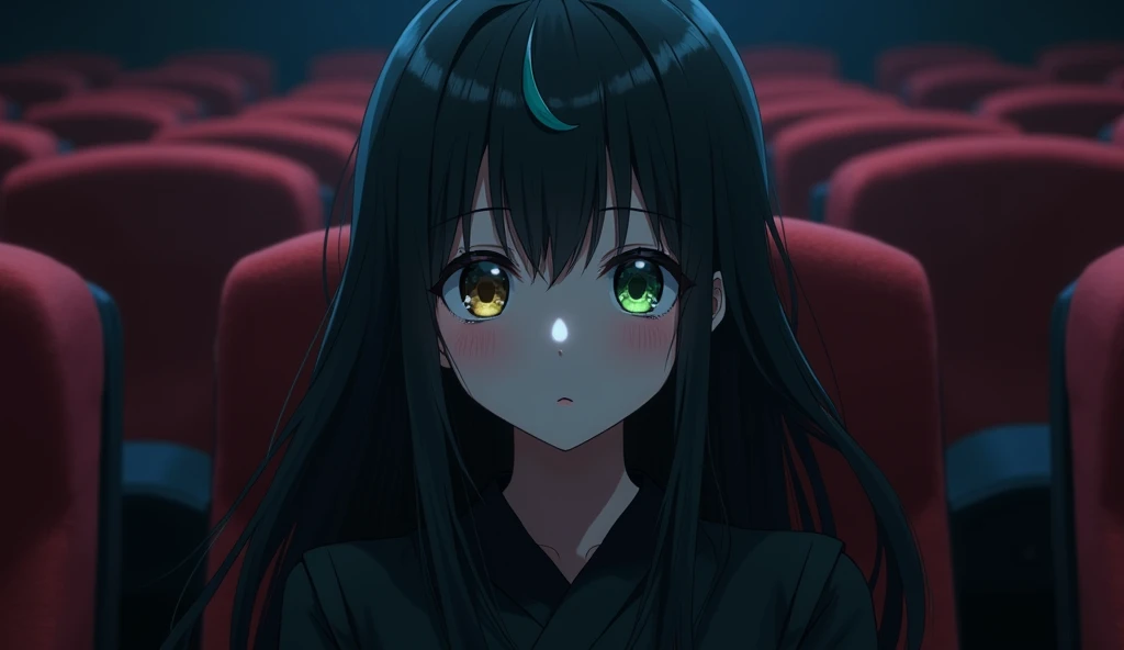 Anime 143 cm tall girl with long black hair with classic fringe bangs, sitting at a cinema with dim lighting, wearing black long pants and a black jacket, The point of view is from the front, heterochromia; the right eye is deep brown and the left eyes is green, above left eyes is a thread of bangs colored green, blank stare, looking up, alone.