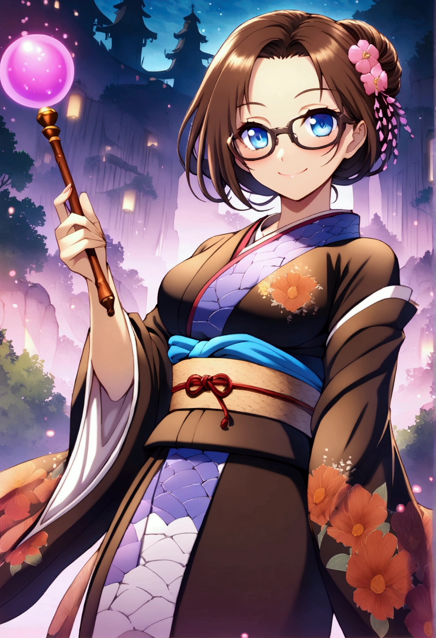 anime woman (shoulder-length brown hair, blue eyes, traditional Kimono with colorful belt, dark-rimmed glasses, clear forehead, smiling). holding a magic wand with a long handle. Fantasy world nature in the background. Monster. Magic lights. masterpice. epic