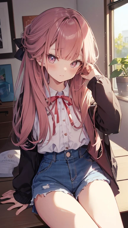 master piece、Highest image quality、highest quality、 ((panic))、glossy hair quality、small face、sitting、Super detailed and beautiful bright eyes、Super detailed clear and beautiful face、(cute illustration:1.2), High-resolution, ultra-detailed, best quality, embarrassed、(Gaps in shorts).(Cute underwear that can be seen at a glance)