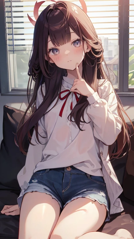 master piece、Highest image quality、highest quality、 ((panic))、glossy hair quality、small face、sitting、Super detailed and beautiful bright eyes、Super detailed clear and beautiful face、(cute illustration:1.2), High-resolution, ultra-detailed, best quality, embarrassed、(Gaps in shorts).(Cute underwear that can be seen at a glance)