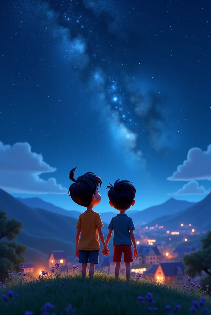 In cenamatic 3d cartoon style "Muskan and Aryan standing on the hilltop at night, looking up at the stars. The sky is clear, with countless stars twinkling above, and the village lies peacefully below.
