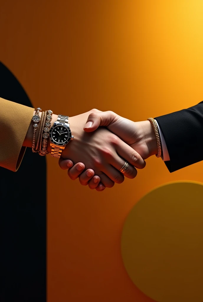 I created a handshake, where on the wrist there are women's bracelets cartier and a Rolex watch on just one arm, symbolizing the closing of a new partnership between two companies, the background must contain orange, yellow and black. more female the hands