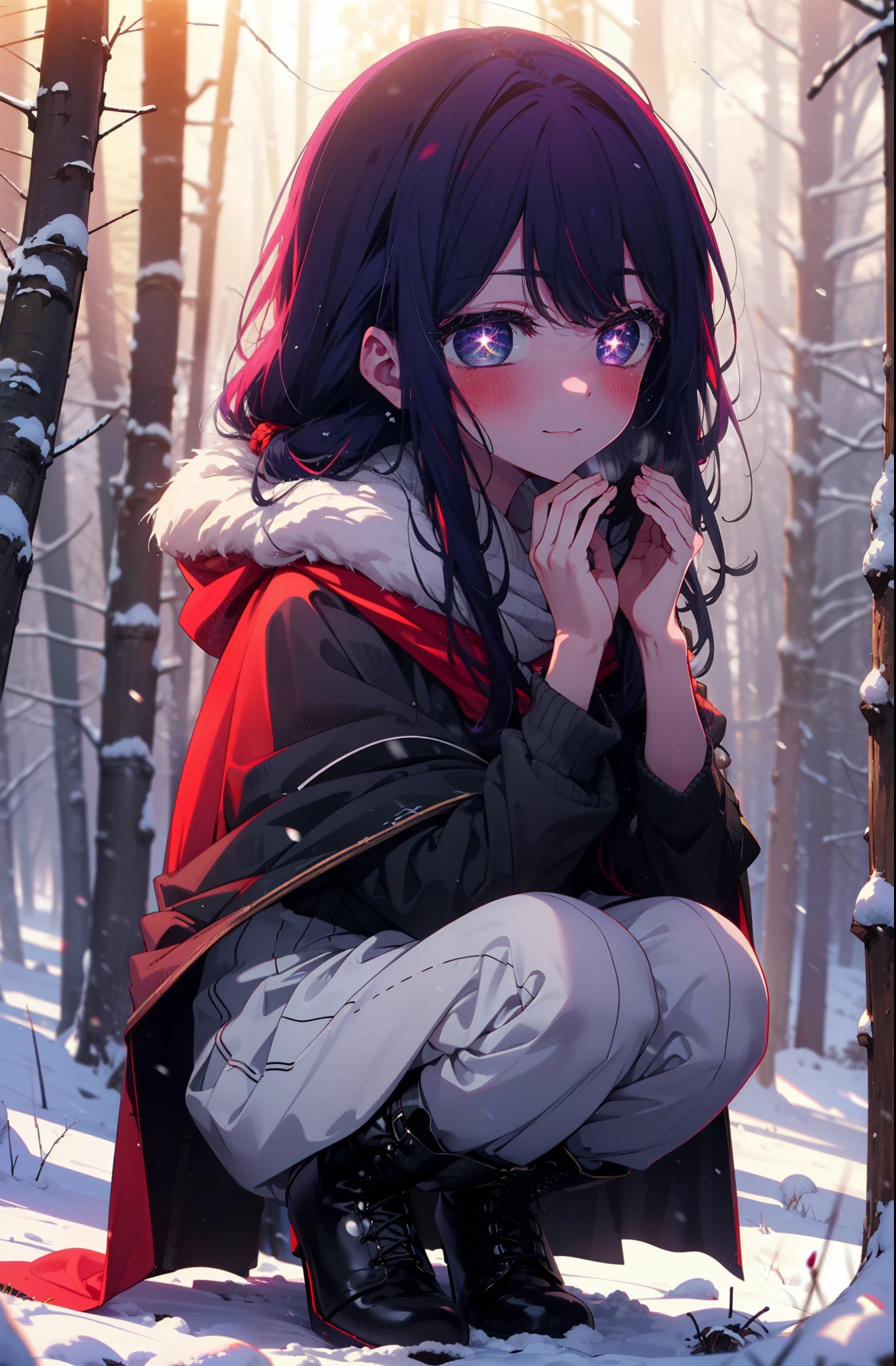 aihoshino, Ai Hoshino, Long Hair, bangs, (Purple eyes:1.1), Purple Hair, (Symbol-shaped pupil:1.5), smile,,smile,blush,white breath,
Open your mouth,snow,Ground bonfire, Outdoor, boots, snowing, From the side, wood, suitcase, Cape, Blurred, , forest, White handbag, nature, Squat, Mouth closed, Cape, winter, Written boundary depth, Black shoes, red Cape break looking at viewer, Upper Body, whole body, break Outdoor, forest, nature, break (masterpiece:1.2), Highest quality, High resolution, unity 8k wallpaper, (shape:0.8), (Beautiful and beautiful eyes:1.6), Highly detailed face, Perfect lighting, Extremely detailed CG, (Perfect hands, Perfect Anatomy),