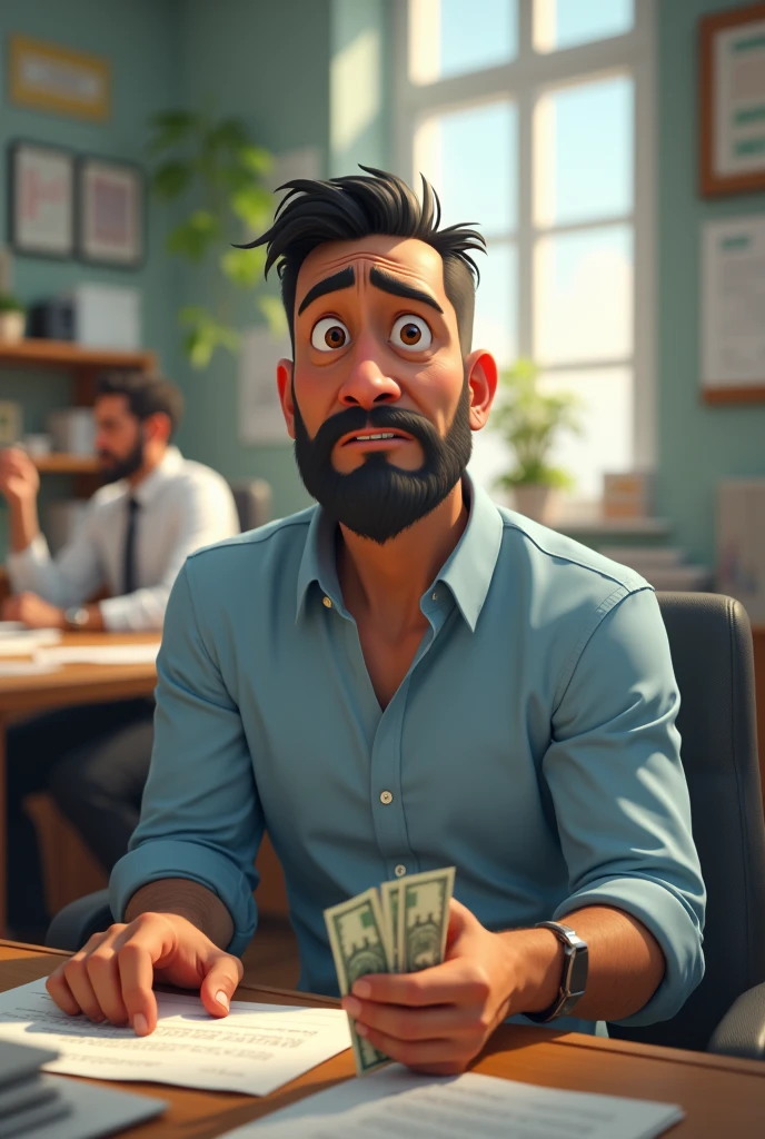 create the image of a man of average height, medium body, 40 year old businessman with a short black beard, worried face; dressed in a light blue dress shirt with little money in hand. In the background of the image, a business office ; Man must be surrounded by things, papers or people that indicate that the company has many defaulting customers .. The image must be in Disney or Pixar layout.