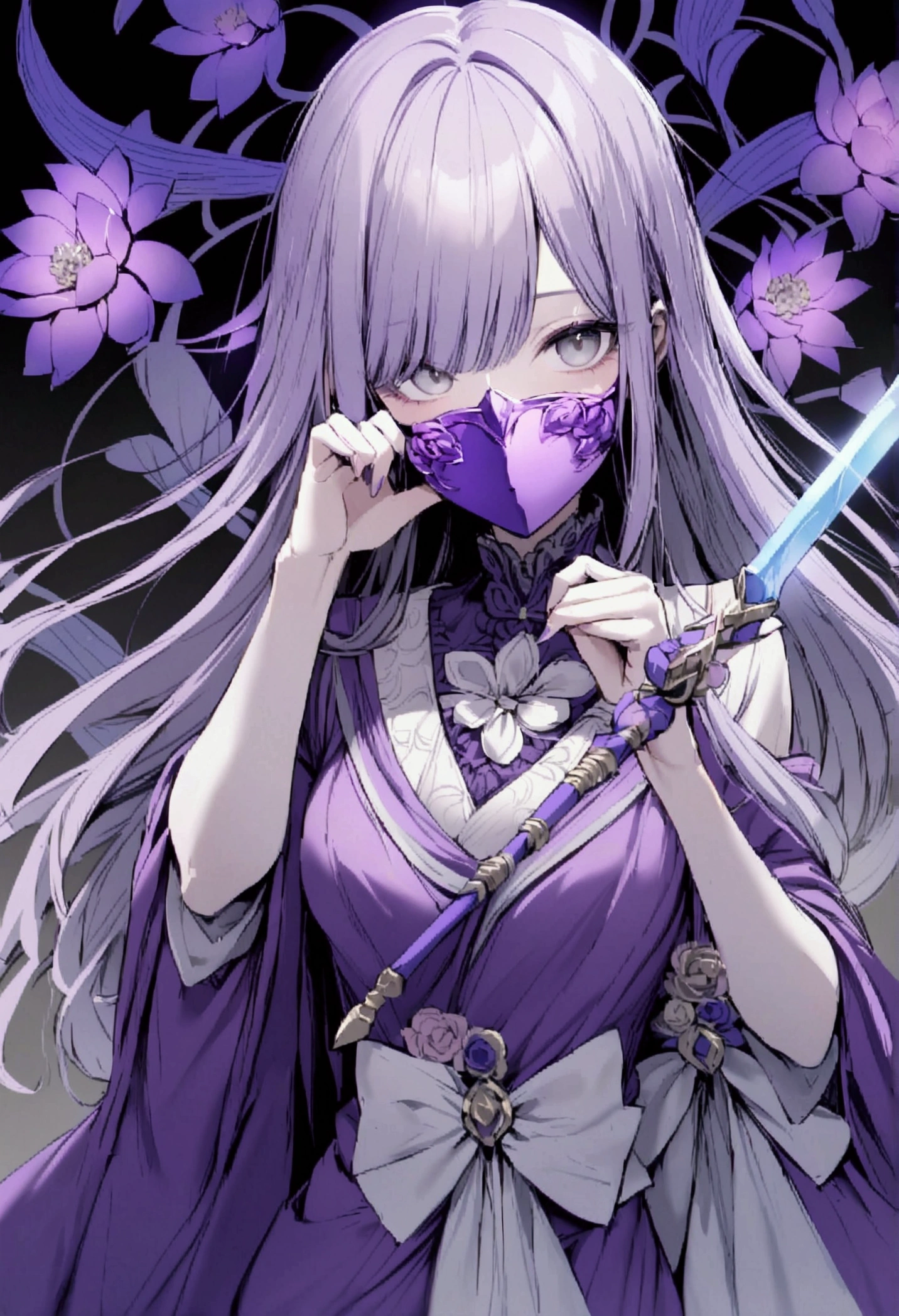 A purple-haired female cultivator with gray eyes wearing a mask that covered her face with a purple robe with lotus flower edges, her straight hair that always carried a white bow, a magician who had an ice bow called iris as a weapon.