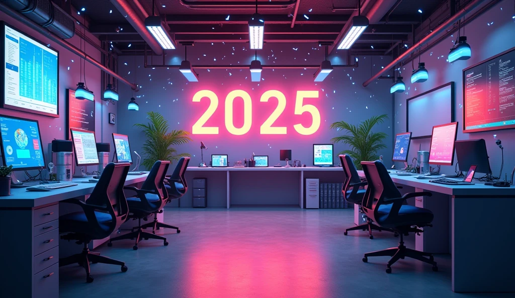 2025 New year work anniversary. Celebratory background for some who Likes tech, entrepreneurship. No humans in the picture