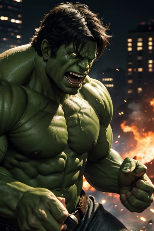 The Incredible Hulk. (( fully transformed )), (2008 film), furious, combat stance, in a scene of destruction, New York, blush, cowboy photo, nervous, nervous smile, Hyperrealism, cinematic lighting, close-up, Wide-Angle, Nikon, textured skin, best quality, best quality, highres, 8k