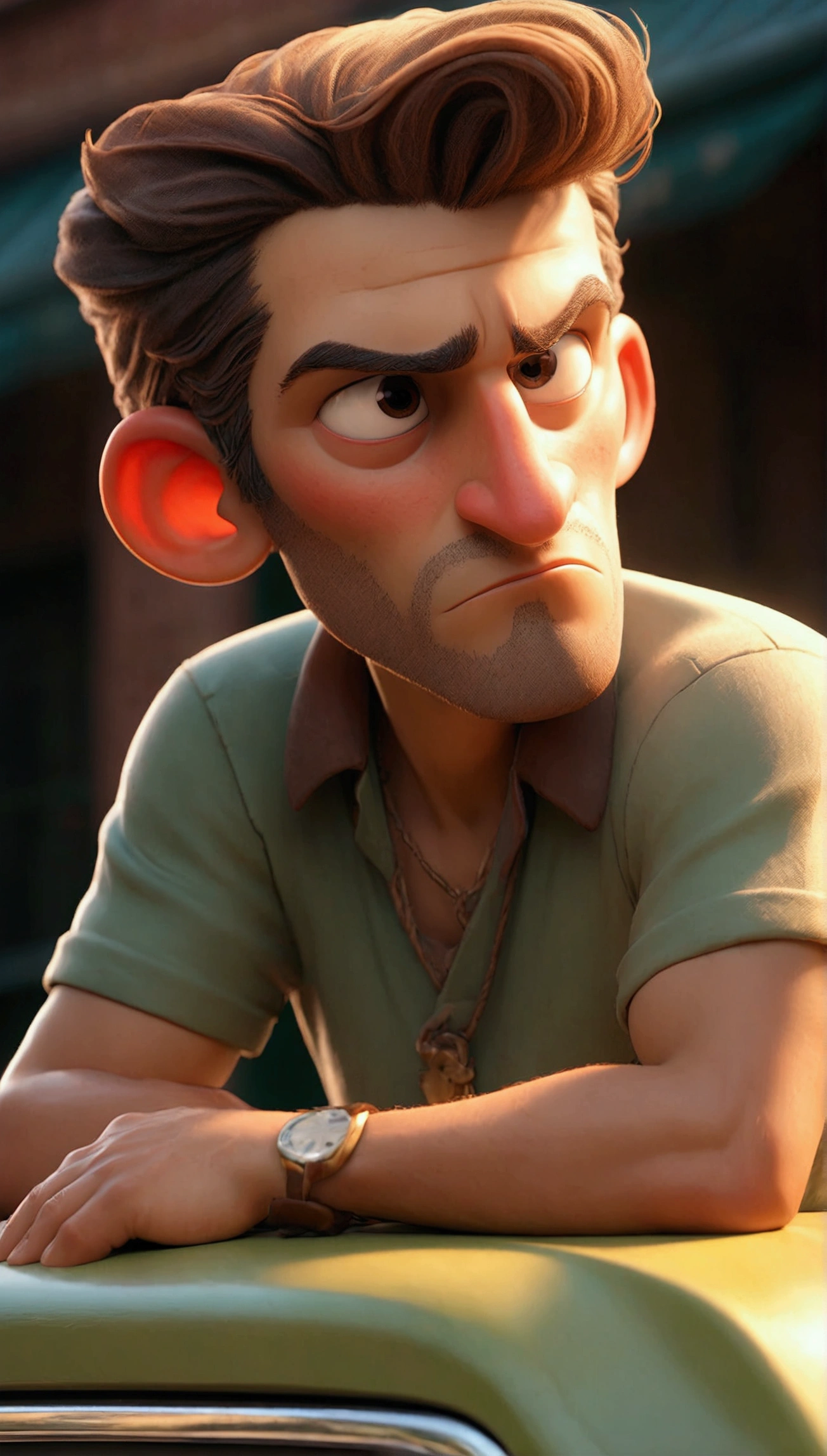 a man sitting on a car, highly realistic, photorealistic, 8k, hyper detailed, intricate details, sharp focus, physically based rendering, professional lighting, dramatic lighting, cinematic lighting, vibrant colors, warm tones, golden hour lighting, chiaroscuro lighting