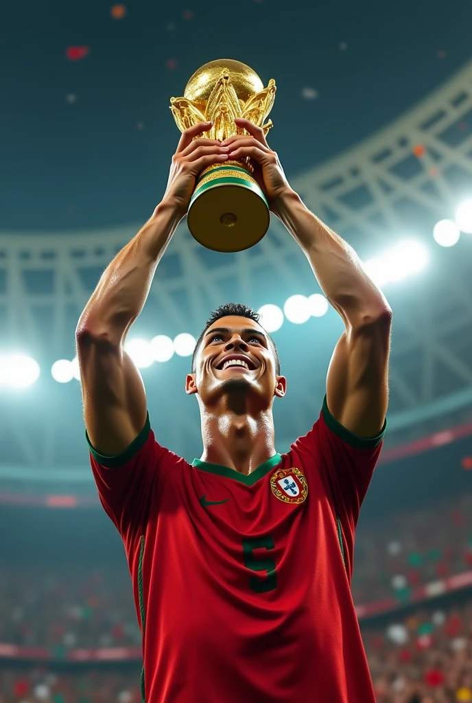Cristiano Ronaldo celebrating winning fifa world cup and his hands on trophy