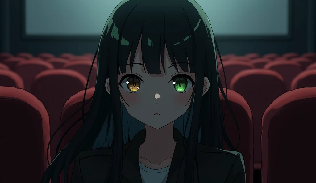 Anime 143 cm tall girl with long black hair with classic fringe bangs, sitting at a cinema with dim lighting, wearing black long pants and a black jacket, The point of view is from the front, heterochromia; the right eye is deep brown and the left eyes is green, above left eyes is a thread of bangs colored green, blank stare, looking up, alone.