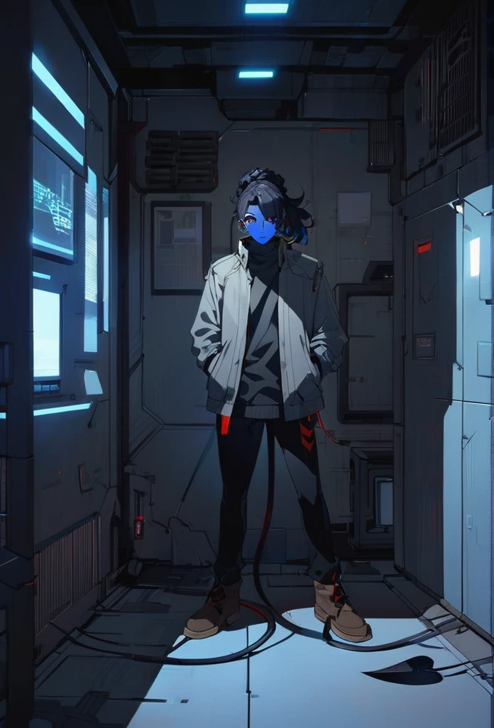 (detailed), (((normal guy))), (Arabic characteristics), ((gray wool jacket)), ((black fur rizado Ponytail hairstyle)), ((Ponytail hairstyle)), (calm face), ((by the width)), ((Brown boots)), (((whole body))), ((In a cyberpunk room)), ((male)), (gray turtleneck sweater), ((only one person)), (at night), terror, ((Bright red eyes)), In the dark, ((black fur)), ((((blue skin color)))), ((((demon tail))))
