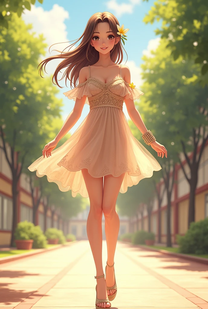 Ultra high quality,High heel,Off-shoulder,Long legs,Cheerful,Sunlight,short see-through dress,full-body shot,Wear flowers,charming,Beautiful girl,student,School Belle