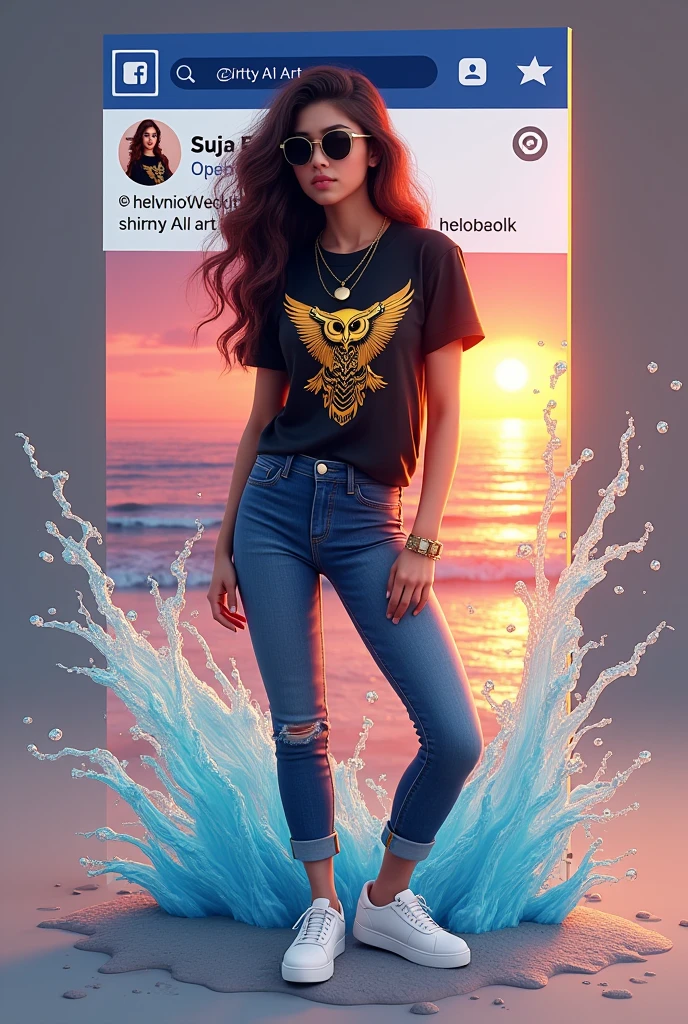 ✨️Create a 3D illustration of a realistic young woman character coming out of social networks Facebook. The character name is Suja AI Art, and wears jeans, Black t-shirt with golden owl appliqué on it, y white sneakers, dark sunglasses, colored water effect. The background is the social media profile page with a username "Dirty AI ART" and his profile picture and the beautiful sunset profile cover on the beach. No