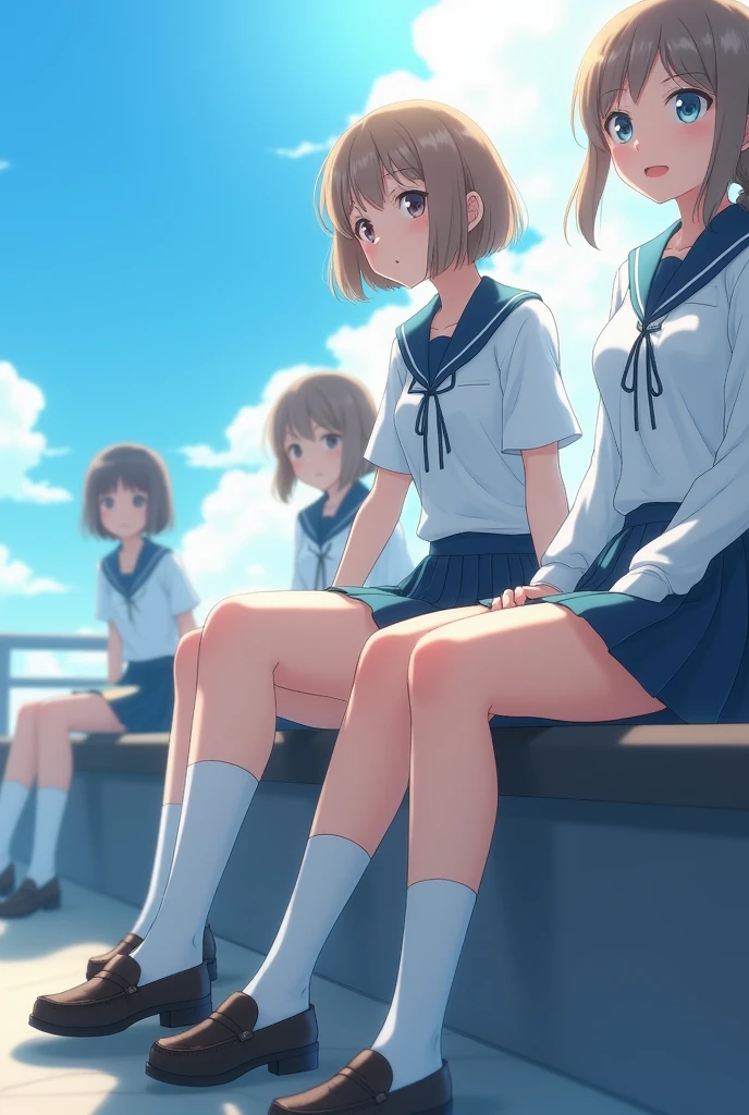 SFW, top-quality, ​masterpiece, beautiful high school girls in uniforms are sitting on bench seat, Girl has open legs, She has medium bob hair, (kawaii:1.2), small breasts, The sky is blue, the sunlight is strong, and the scene is captured from a low-angle perspective, Medium bob hair, lightbrown hair, small breasts, (flat chest:1.2), Open legs, showing panties, white panties, (wet pussy:1.12), red blush, White blouses, pleatedskirt, high socks, lowfers,