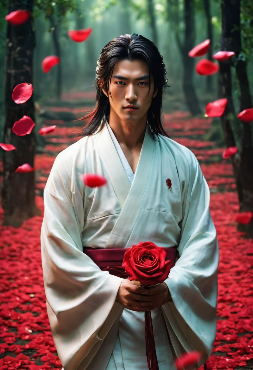 A young looking male character, with long, straight hair of vibrant red color, caindo suavemente sobre seus ombros. your face is delicate, with fine features and expressive emerald green eyes. He wears traditional Japanese clothing, a white kimono with gold details, que se ajusta perfeitamente ao seu corpo esguio. around him, there is a powerful aura of spiritual energy, manifested by red rose petals floating in the air, emanating a soft glow. Your hands are up, controlling thorny vines that emerge from the ground, ready to attack. The scenery in the background is a dense, dark forest., with mystical lights radiating around