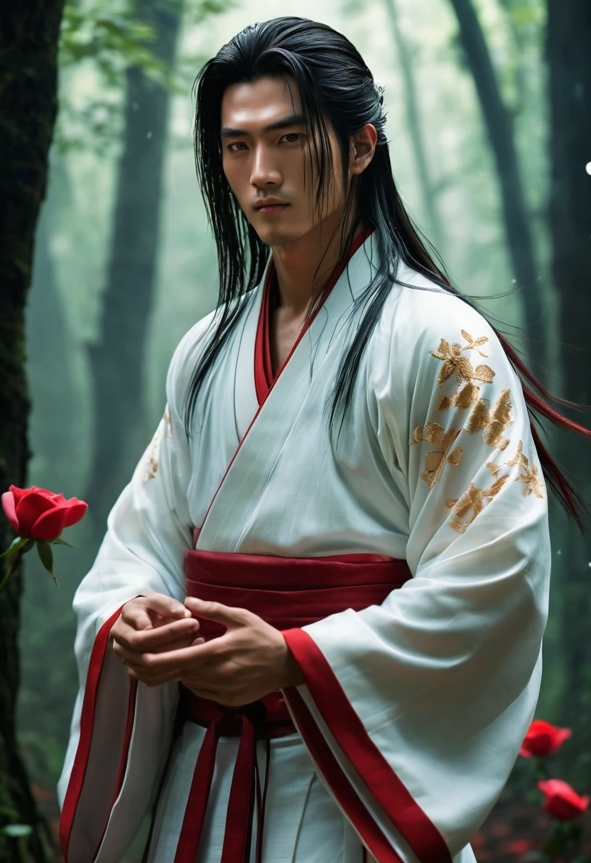 A young looking male character, with long, straight hair of vibrant red color, caindo suavemente sobre seus ombros. your face is delicate, with fine features and expressive emerald green eyes. He wears traditional Japanese clothing, a white kimono with gold details, que se ajusta perfeitamente ao seu corpo esguio. around him, there is a powerful aura of spiritual energy, manifested by red rose petals floating in the air, emanating a soft glow. Your hands are up, controlling thorny vines that emerge from the ground, ready to attack. The scenery in the background is a dense, dark forest., with mystical lights radiating around