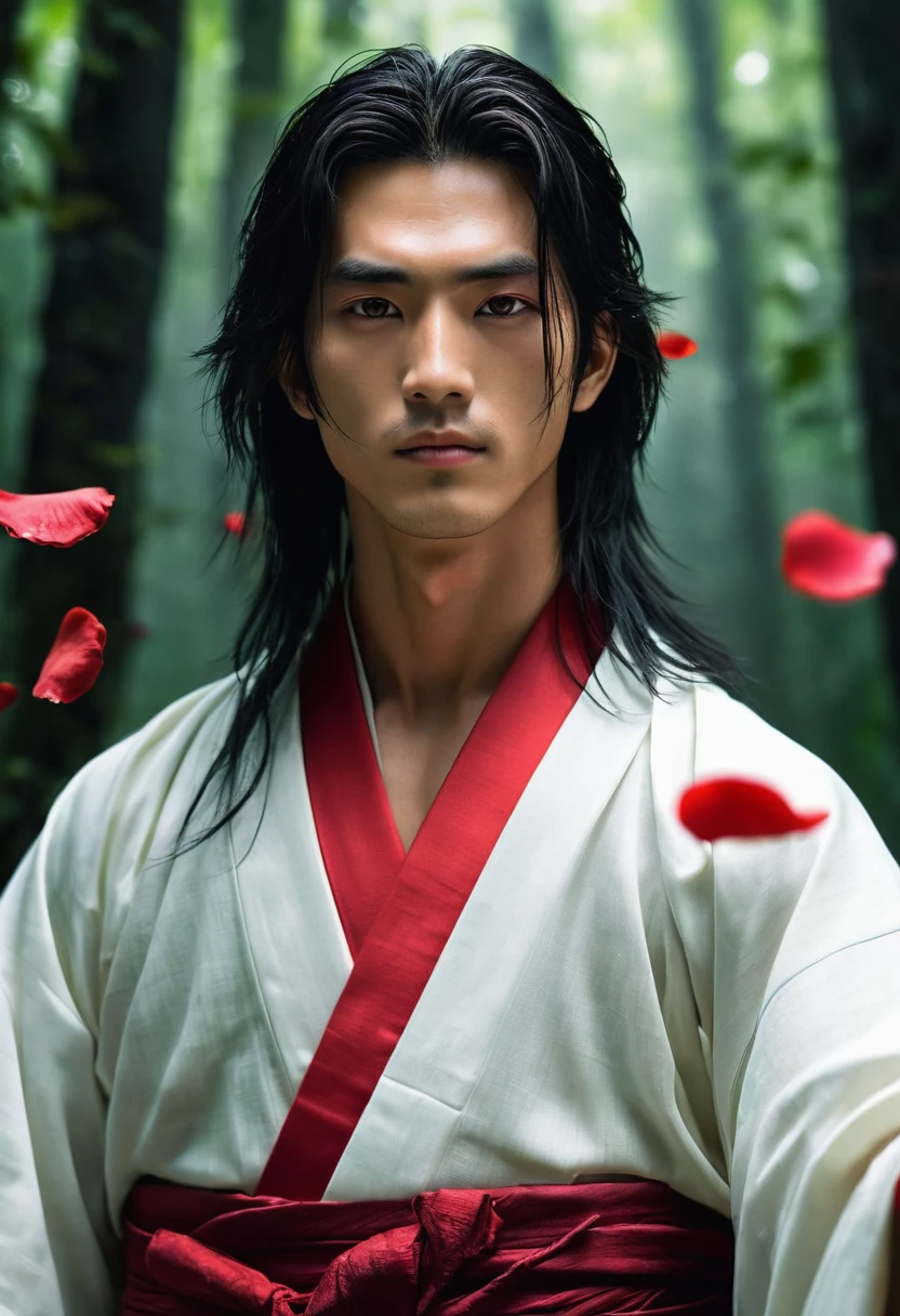A young looking male character, with long, straight hair of vibrant red color, caindo suavemente sobre seus ombros. your face is delicate, with fine features and expressive emerald green eyes. He wears traditional Japanese clothing, a white kimono with gold details, que se ajusta perfeitamente ao seu corpo esguio. around him, there is a powerful aura of spiritual energy, manifested by red rose petals floating in the air, emanating a soft glow. Your hands are up, controlling thorny vines that emerge from the ground, ready to attack. The scenery in the background is a dense, dark forest., with mystical lights radiating around