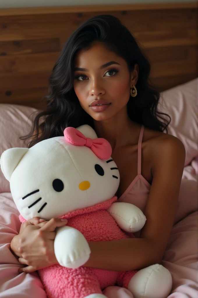 Hot blasian girl posing with a hello kitty plushie in hand on her bed.