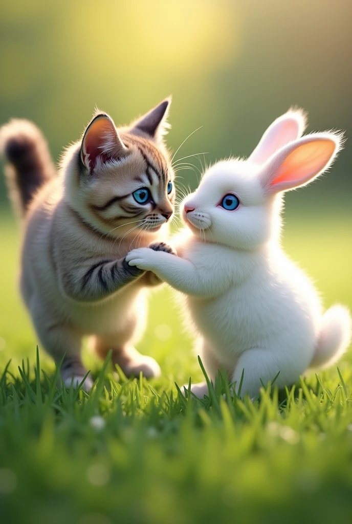 A cat with blue eyes playing with a beautiful white rabbit with blue eyes, on a green grass