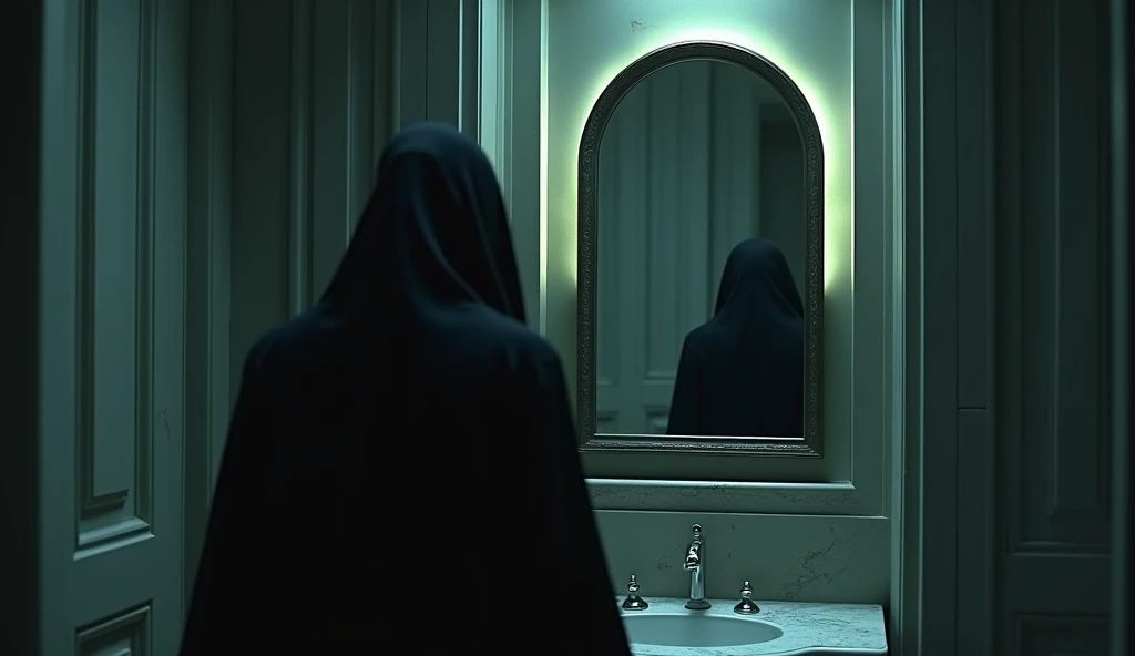 horor, Anime Style, dark atmosphere, Intricate details, Structure of the film, Dramatic Shadows, Mysterious, Creepy, Otherworldly, A calming color palette, chiaroscuro lighting, Ultra-detailed, masterpiece, highest quality, 8k, Realistic, bathroom mirror. Stylish interior. A black figure is reflected.