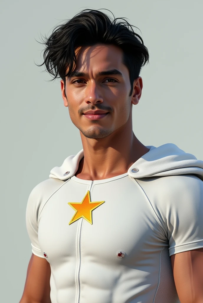 THE COMPLETE BODY OF A BRAZILIAN MAN, IN THE WHITE COLOR OF THE ROUND FACE, black hair , Dressed as a SUPERHERO , with a close-up capturing the harmonious beauty , showing off your natural charm and outgoing personality.