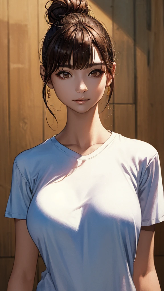 (Highest quality、8K、32k、masterpiece)、(Realistic)、(Realistic:1.2)、(High resolution)、Very detailed、(((Burstingly Big Breasts)))、((Tightens the abdomen))、Very beautiful face、1 Girl、Delicate body、(Highest quality、Attention to detail、Rich skin detail)、(Highest quality、8K、Oil paint:1.2)、Very detailed、(Realistic、Realistic:1.37)、Bright colors、Full Body Shot, (Round face, Female student:1.6, A slightly torn T-shirt), (Hair Bun, Brown Hair)