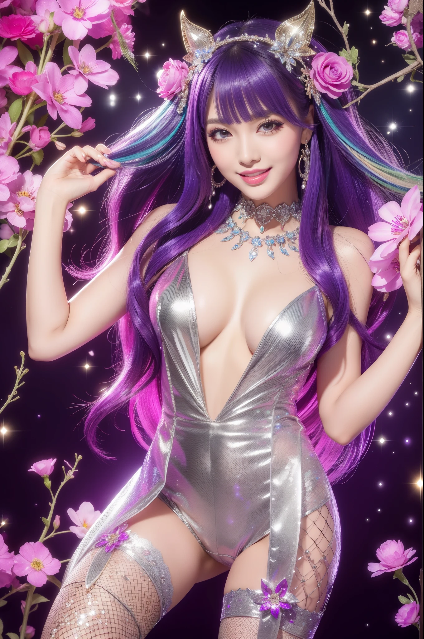 beautiful sexy model who controls poison、beautiful smile、lip-gloss、long lashes、metallic makeup、look at the camera、full body Esbian、、sparkling poisoned flower costume、、、、shiny sparkling multicolor hair、secrete poison、skull hair accessories、fishnet tights、shiny sparkling flowers background