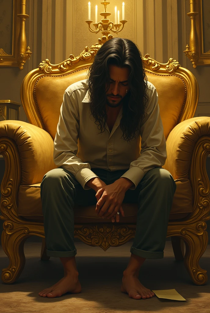 Make a sad person with lots of gold furniture around him but sad