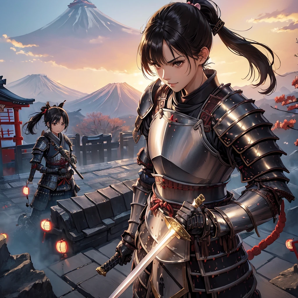 Highest quality, (masterpiece:1.3), Absurd, High resolution,16K, 超High resolution, Official Art, figure,Very detailed, solo, whole body, Delicate line tail face, (short hair:1.3), (Single Ponytail:1.5), (Beautiful black hair:1.2), (Shiny Hair:1.2), (Beautiful brown eyes:1.2), (Shining Eyes:1.2), (Flat chest), (Glowing Skin:1.4), View your viewers, Simple Background, Are standing, smile, (Holding a sword:1.2) ((Japanese) (armor):1.5), (Samurai Girl), armor, Round cheeks,, boyish, cute