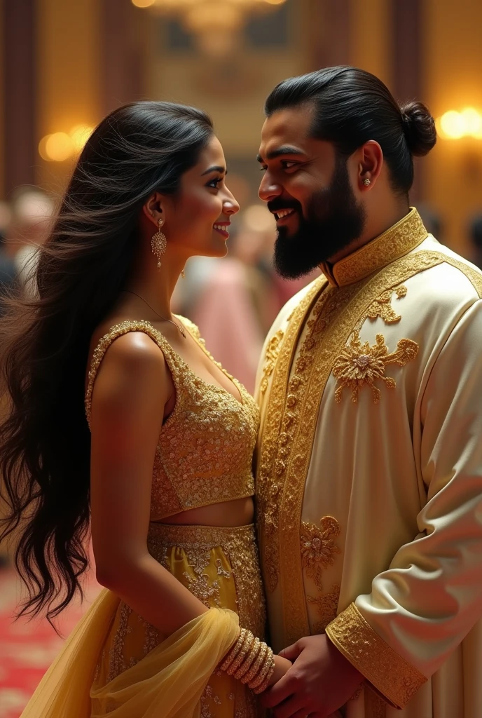 Create an image of an indian girl called Saranya very very beautiful in a golden expensive billion dollar dress putting handing saudi arabia  crown prince  mohamed bin salman...he's chubby, fat with beard but cutechest and looking in his eyes and puttinf her hand on his chest