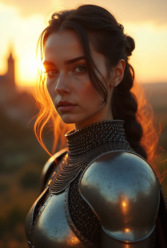 (masterpiece), (extremely intricate:1.3), (realistic), portrait of a girl, the most beautiful in the world, (medieval armor), metal reflections, upper body, outdoors, intense sunlight, far away castle, professional photograph of a stunning woman detailed, sharp focus, dramatic, award winning, cinematic lighting, octane render unreal engine, volumetrics dtx, (film grain, blurry background, blurry foreground, bokeh, depth of field, sunset, motion blur:1.3), chainmail