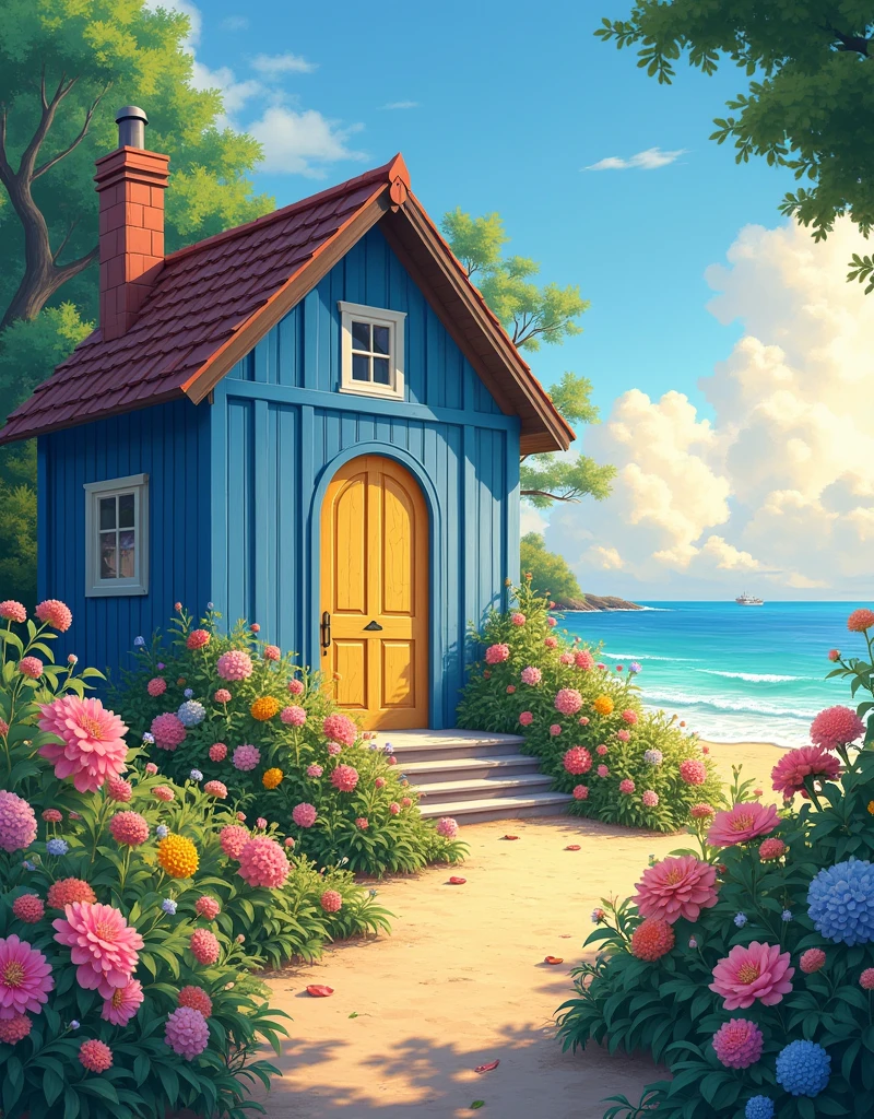"A wide, breathtaking view reveals a charming blue wooden house perched by the beach. The house is enveloped in a sea of vibrant flowers, their colors popping against the evening sky, painted with warm, cozy tones. Flowers cascade from pots lining the steps, leading to a grand yellow door that stands out brightly against the soft blues of the house. In the foreground, trees and flowers are intricately detailed, adding depth to the micro-landscape. The thick, deliberate lines of Ghibli style bring the scene to life, capturing the cozy, inviting atmosphere. The sky above is beautifully detailed, with soft clouds and a gentle breeze hinting at the tranquility of the moment. The outdoor setting is rich with intrinsic details, from the subtle textures of the wooden house to the delicate patterns of the flower petals, creating a serene, welcoming environment that feels like a peaceful escape from reality."