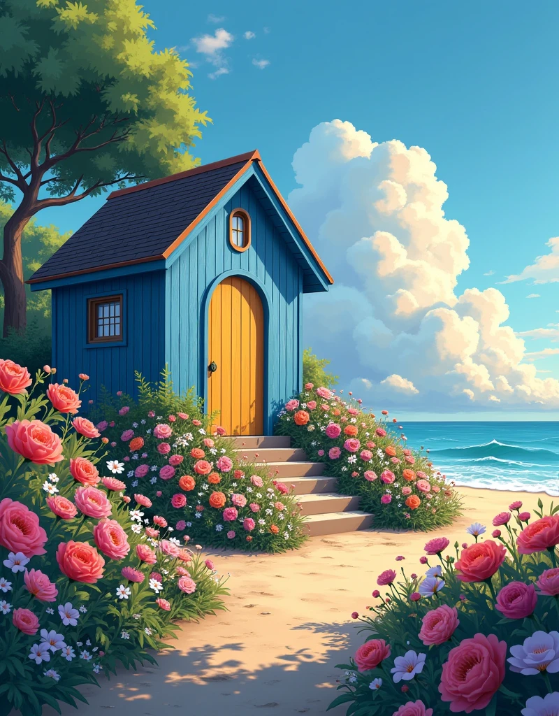 "A wide, breathtaking view reveals a charming blue wooden house perched by the beach. The house is enveloped in a sea of vibrant flowers, their colors popping against the evening sky, painted with warm, cozy tones. Flowers cascade from pots lining the steps, leading to a grand yellow door that stands out brightly against the soft blues of the house. In the foreground, trees and flowers are intricately detailed, adding depth to the micro-landscape. The thick, deliberate lines of Ghibli style bring the scene to life, capturing the cozy, inviting atmosphere. The sky above is beautifully detailed, with soft clouds and a gentle breeze hinting at the tranquility of the moment. The outdoor setting is rich with intrinsic details, from the subtle textures of the wooden house to the delicate patterns of the flower petals, creating a serene, welcoming environment that feels like a peaceful escape from reality."