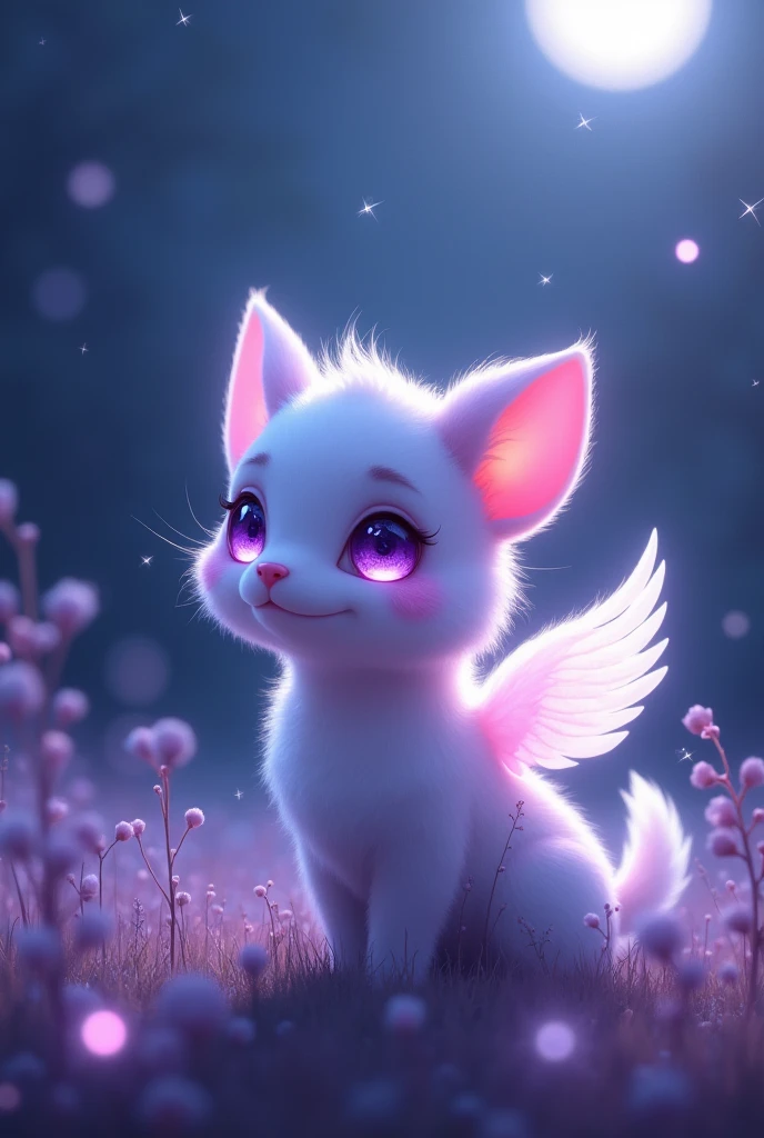 A cute little animal with a glow around it on a full moon night with purple eyes and angel wings