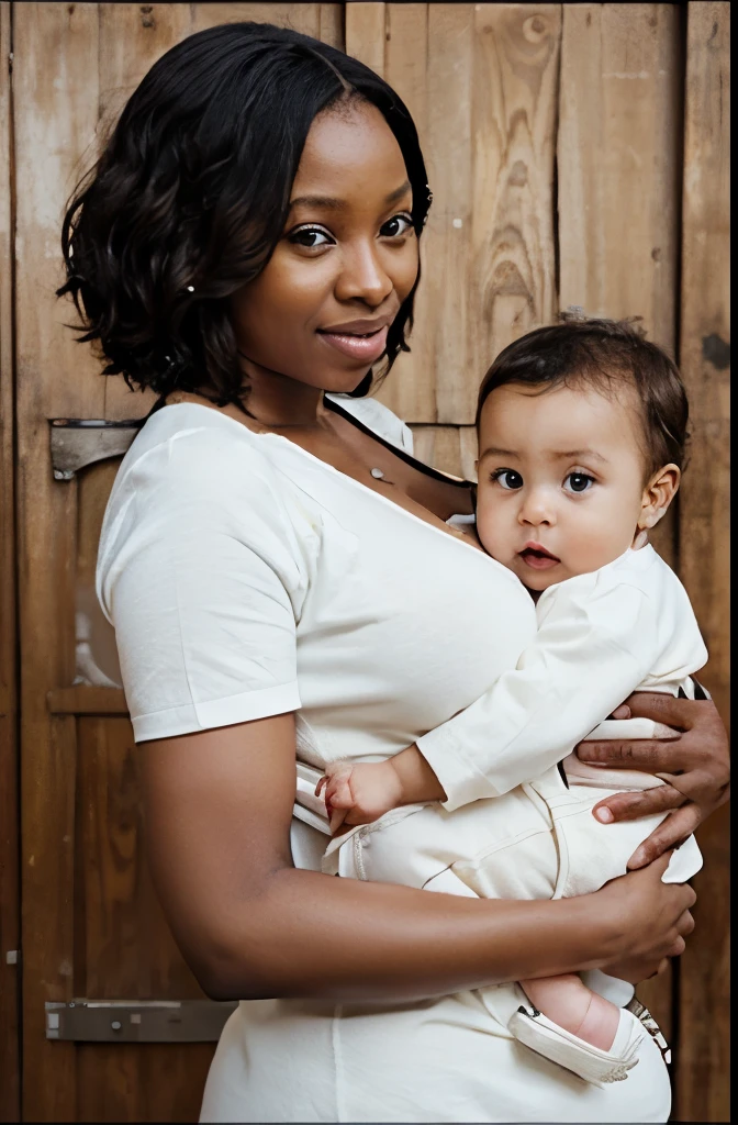 Large boobs curvy african black lady on a mini tight skirt and carrying her son