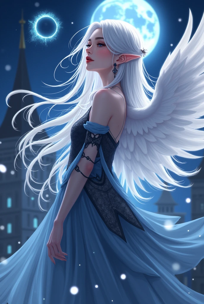 Russian、、Young、clear、Elegance、noble、Gray Hair、Silver Hair、Long Hair、Soft Hair、Blue Moon Night、city、noble、Light blue and black dress、Spreading Dresses、Anime Face、Big eyes、Bright Face、popular person、Magic Taoist、jump、The magic of light、A little dragon is flying、magic circle、Large white wings growing from his back