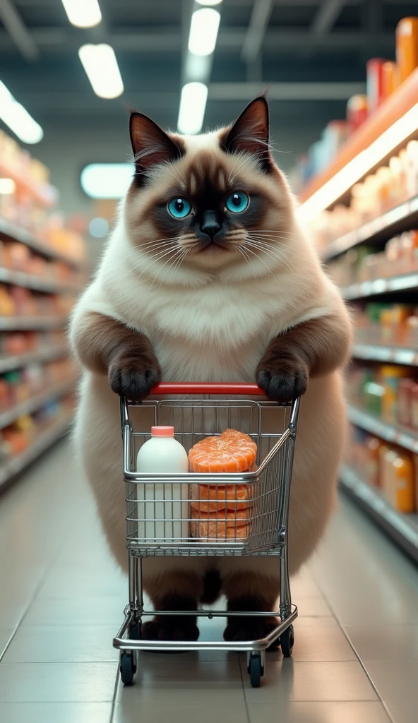 a siamese giant fat cat, pushing a small shopping cart in a grocery store, picking out items like fish and milk, checking the shopping list, highly detailed, realistic, photorealistic, 8k, masterpiece, studio lighting, vivid colors, natural lighting, cute, adorable, whimsical, humorous, mischievous, feline, animal portrait, anthropomorphic