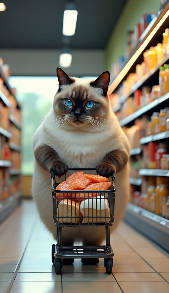 a siamese giant fat cat, pushing a small shopping cart in a grocery store, picking out items like fish and milk, checking the shopping list, highly detailed, realistic, photorealistic, 8k, masterpiece, studio lighting, vivid colors, natural lighting, cute, adorable, whimsical, humorous, mischievous, feline, animal portrait, anthropomorphic